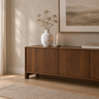 Rustic textured ceramic urn vase in Vintage Gray on a 160 cm wide walnut sideboard with dried stems