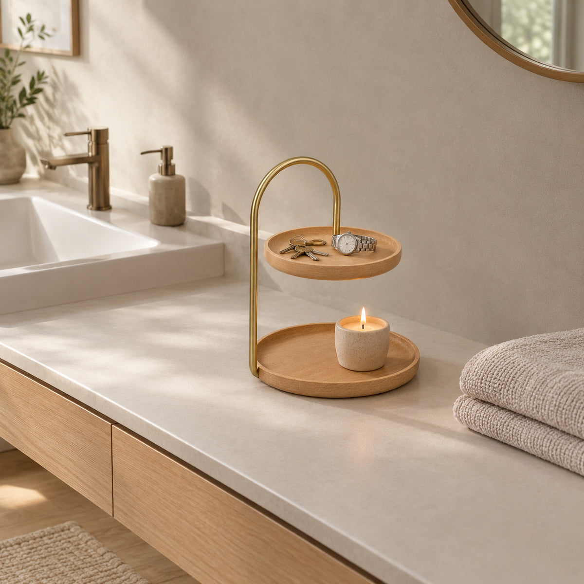 Two-tier round wooden serving tray in Beech on a bathroom vanity with a set of keys and a watch on the tray.