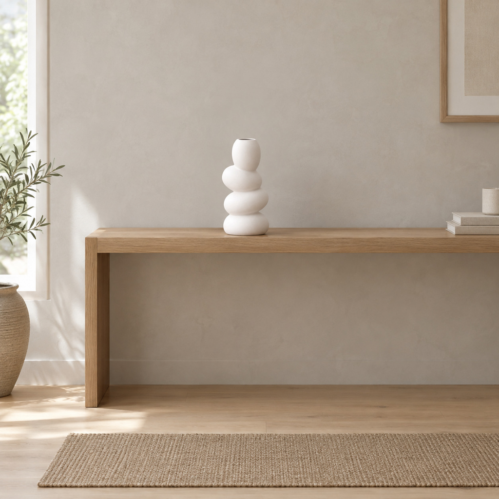 White stacked pebble ceramic vase on an oak console table in a calm room.