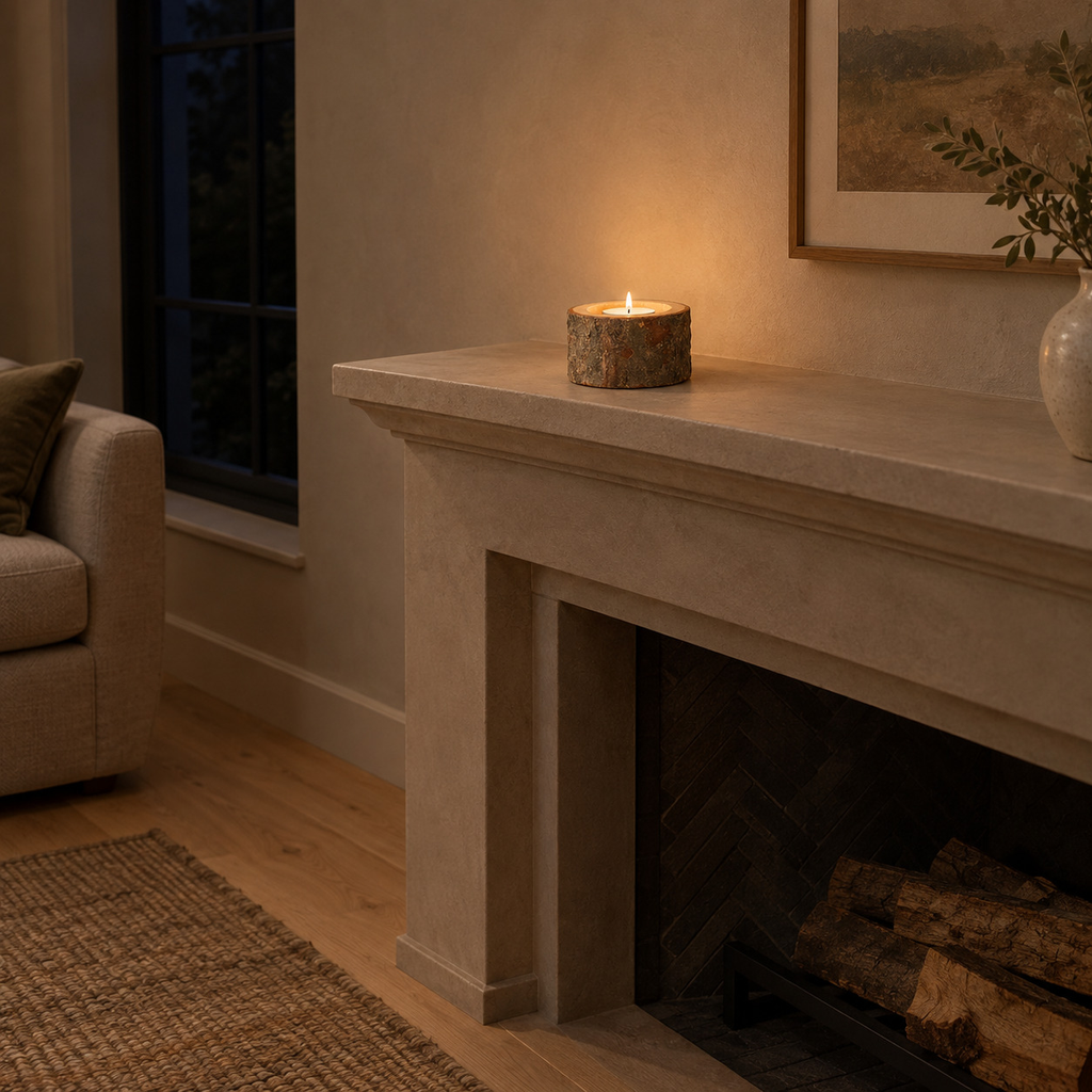 Natural bark stump candle holder on a 140 cm wide mantelpiece above a fireplace with one lit tealight candle in the holder.