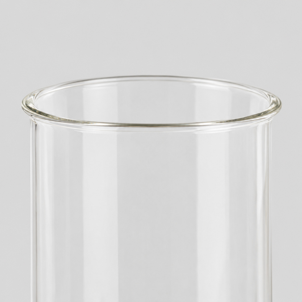 Close up of the flared rim of the clear glass shade of the hurricane candle holder.