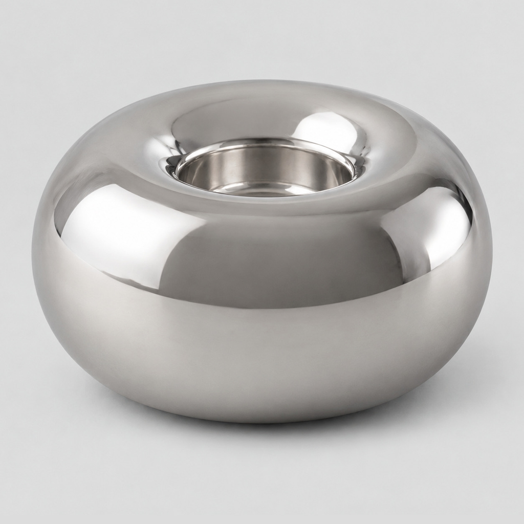 Silver ceramic donut candle holder on a light gray studio background.