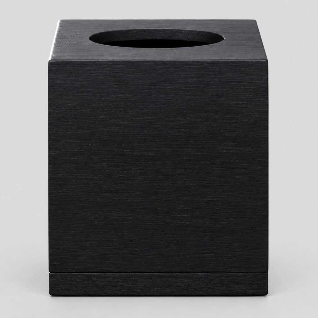 Square wooden tissue box cover in Black on a light gray studio background