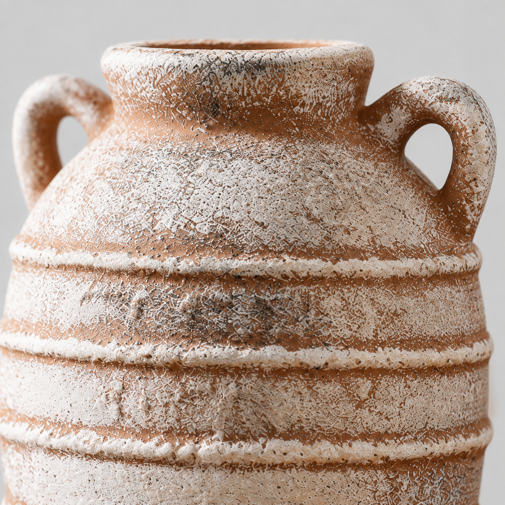 Close up of the weathered white finish across the raised horizontal banding of the double-handled ceramic amphora vase.