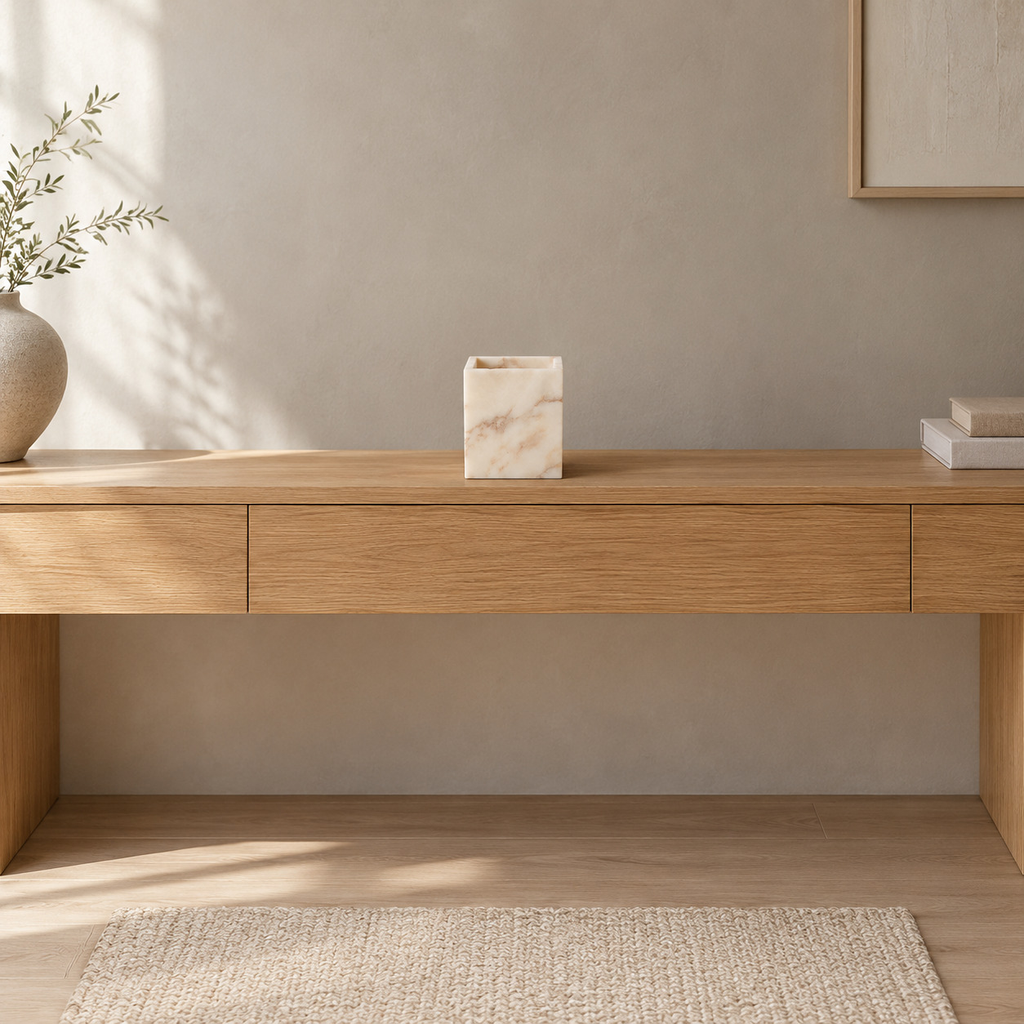 Square marble candle holder on an oak console table in a calm room.