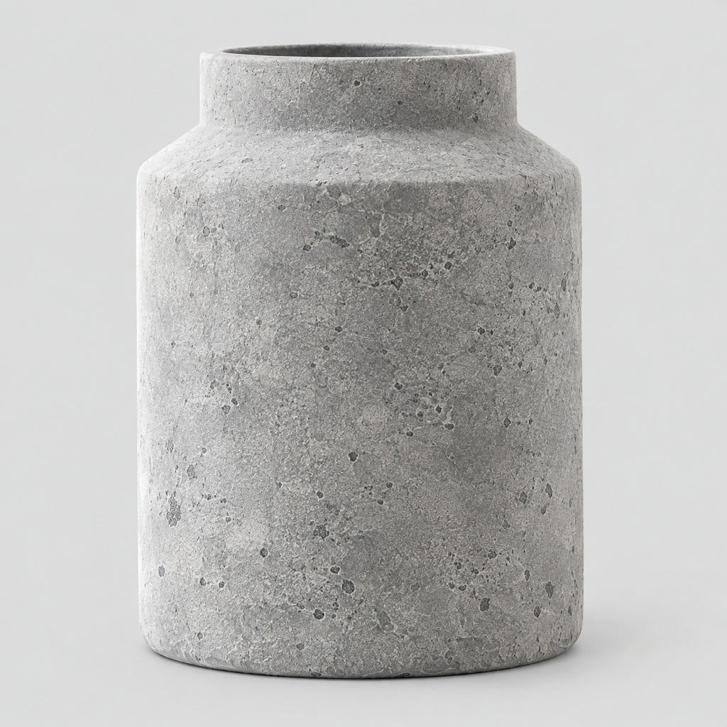 Weathered Gray ceramic jar vase on a light gray studio background.