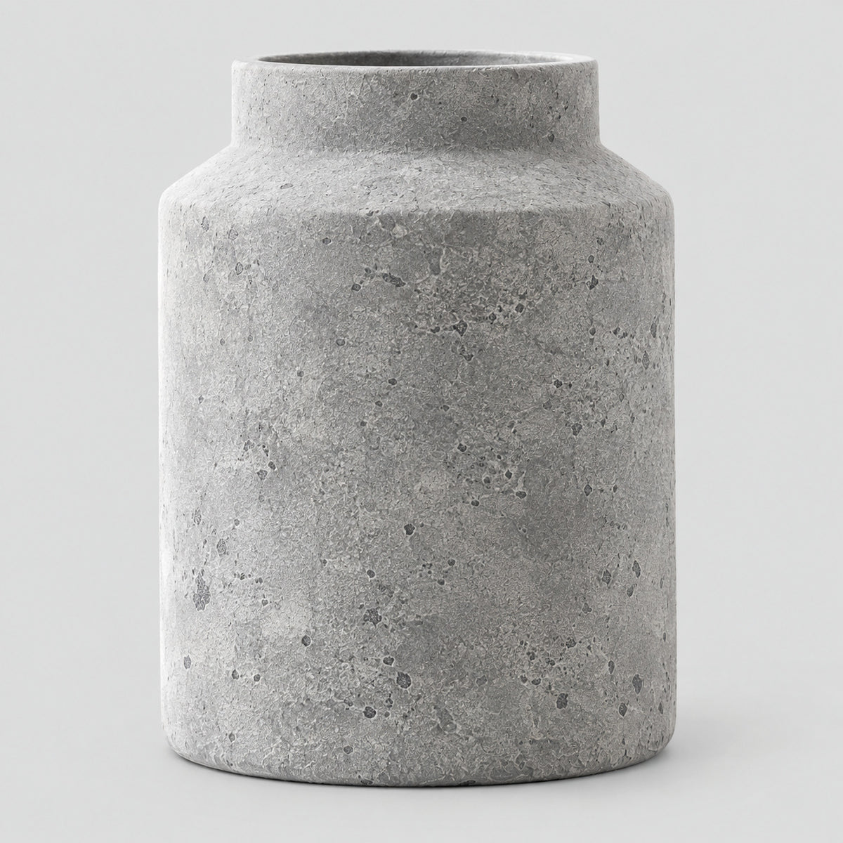 Weathered Gray ceramic jar vase on a light gray studio background.