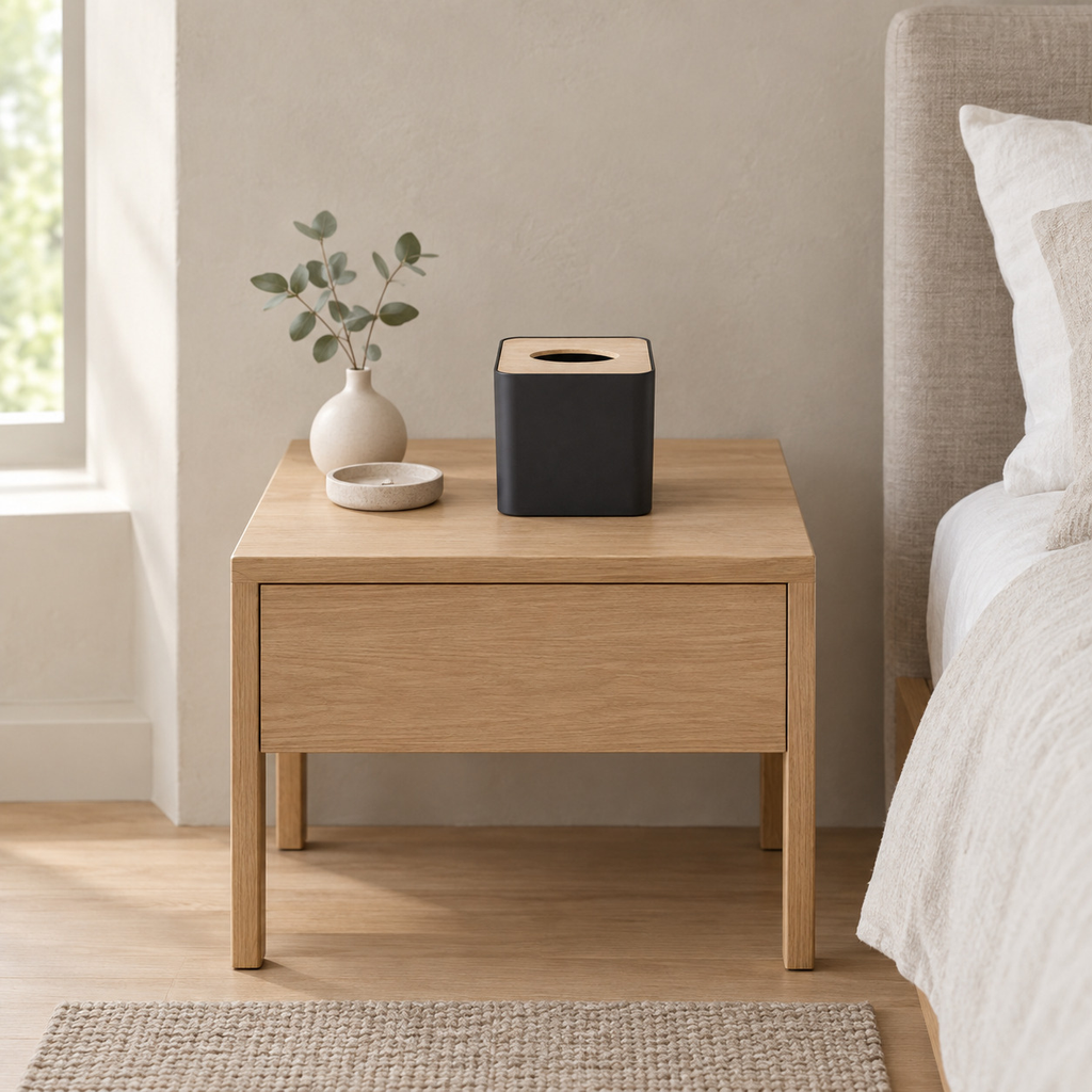 Black square tissue box cover on a 48 cm wide oak bedside table in a calm room.