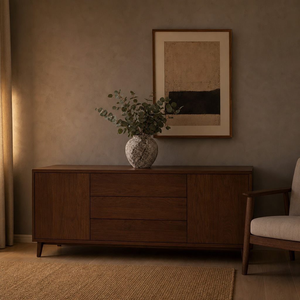 Weathered ceramic vase in Weathered Brown on a walnut sideboard with a bunch of eucalyptus in the vase.