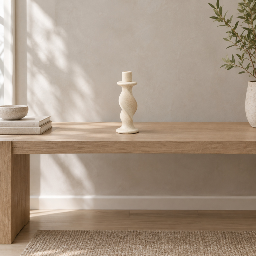 Beige twisted ceramic taper candle holder on an oak console table in a calm room.