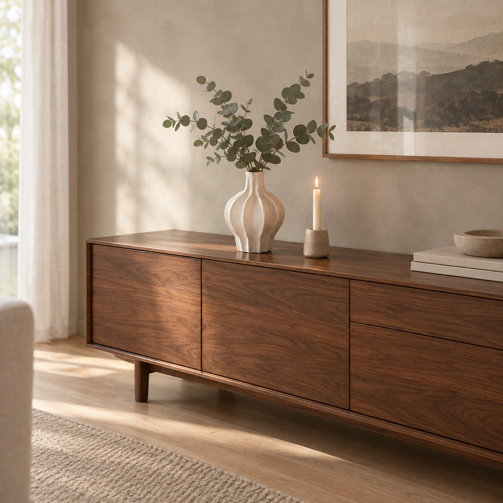 Short fluted ceramic vase on a walnut sideboard with a bunch of eucalyptus in the vase.