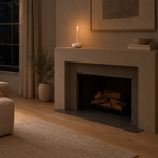 Matte White ceramic donut candle holder on a 140 cm wide mantelpiece above a fireplace with one lit taper candle.