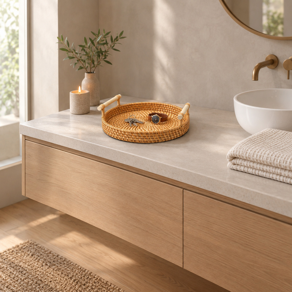 Round woven rattan serving tray on a 90 cm wide bathroom vanity with a set of keys and a watch on the tray.