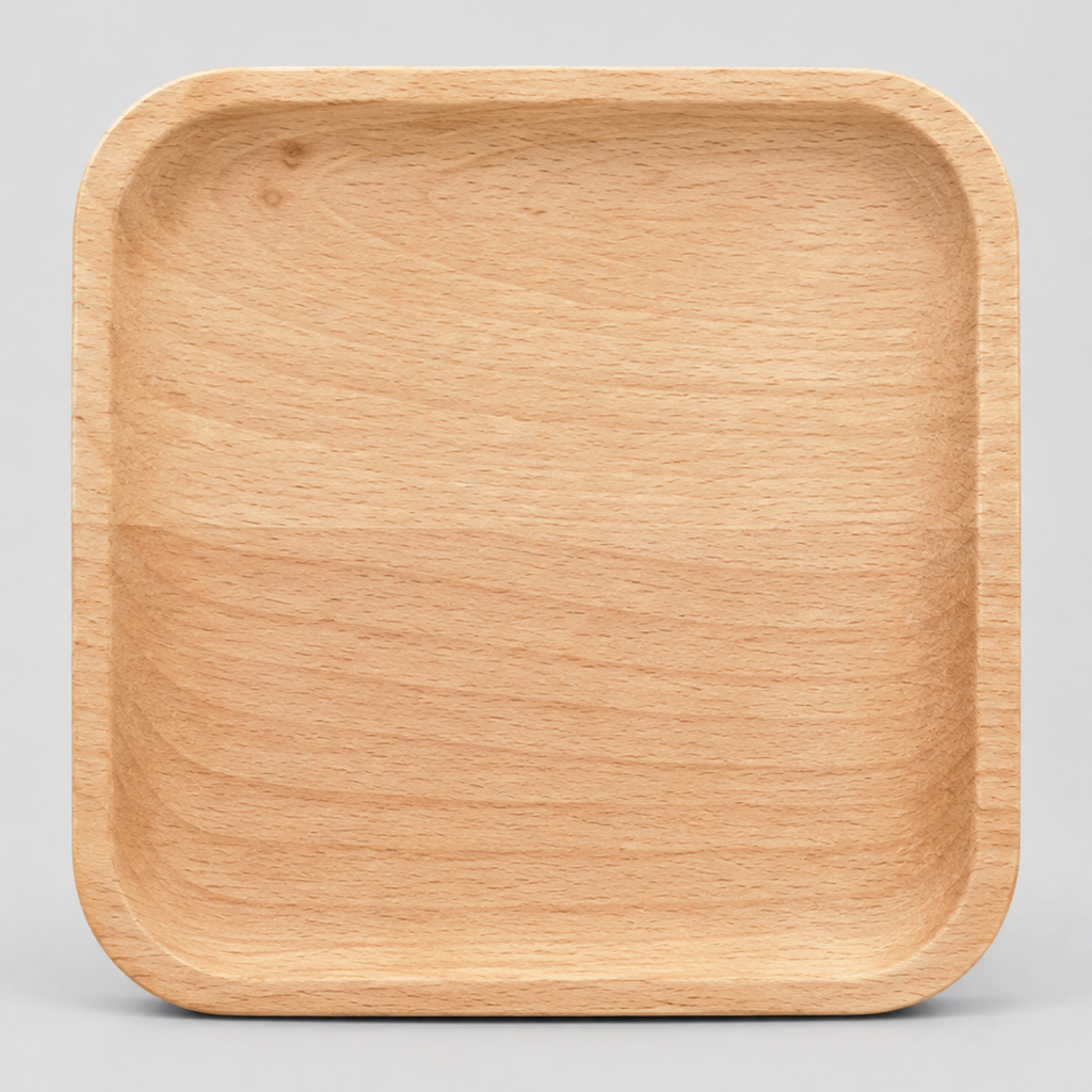 Natural beech wood rounded square serving tray in the Natural Beech finish on a light gray studio background