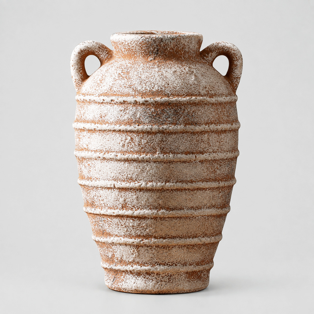 Double-handled ceramic amphora vase in Weathered Terracotta on a light gray studio background.