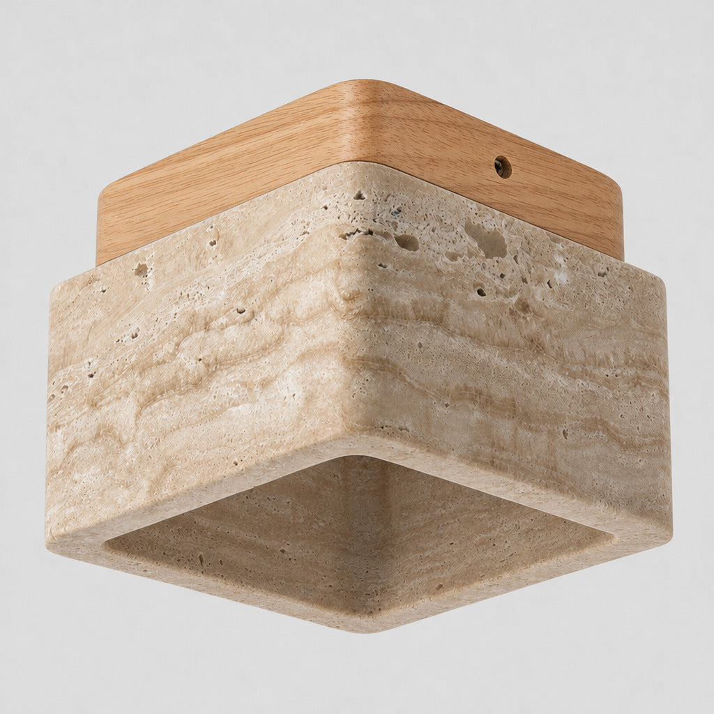 Square travertine flush mount ceiling light in Natural Wood on a light neutral gray studio background.