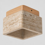 Square travertine flush mount ceiling light in Natural Wood on a light neutral gray studio background.