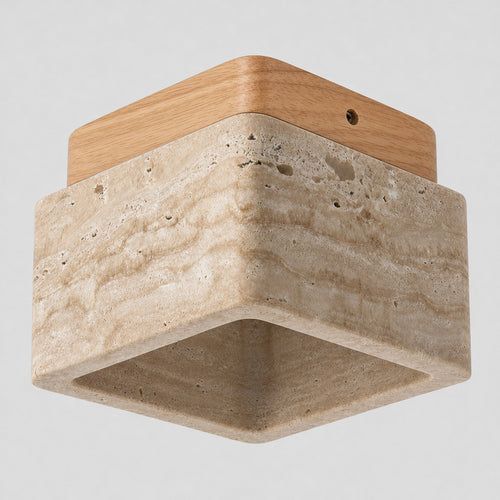 Square travertine flush mount ceiling light in Natural Wood on a light neutral gray studio background.
