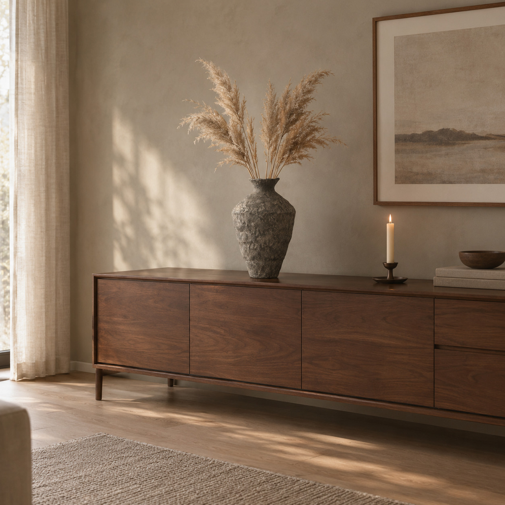 Textured ceramic urn vase in Charcoal finish on a walnut sideboard with dried pampas stems in the vase