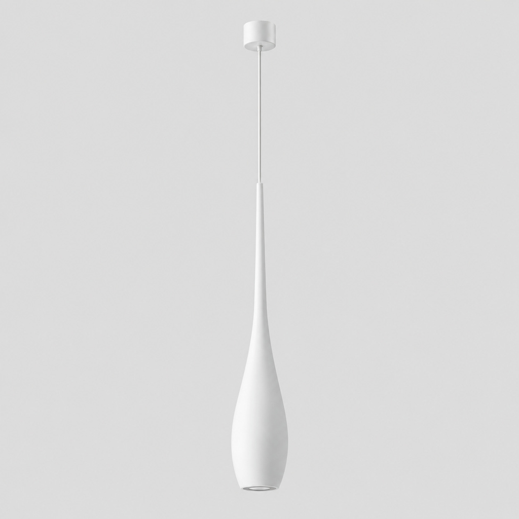 Matte White slender teardrop pendant light switched off on a light gray studio background.