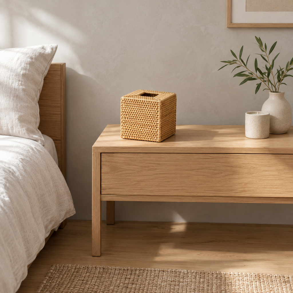 Woven rattan cube tissue box cover in Natural Rattan on an oak bedside table in a calm room
