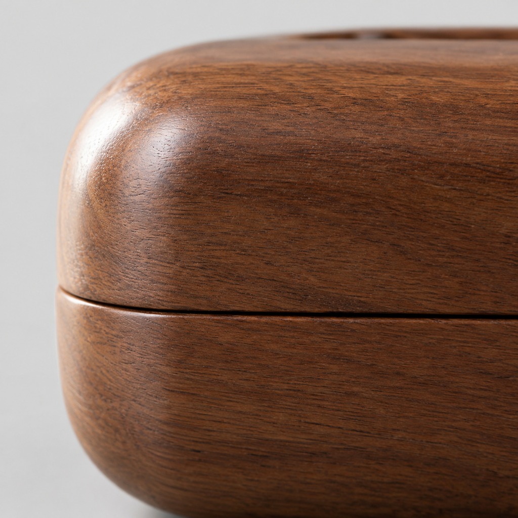 Close up of the horizontal seam where the lid meets the base of the Walnut rounded wooden tissue box cover.