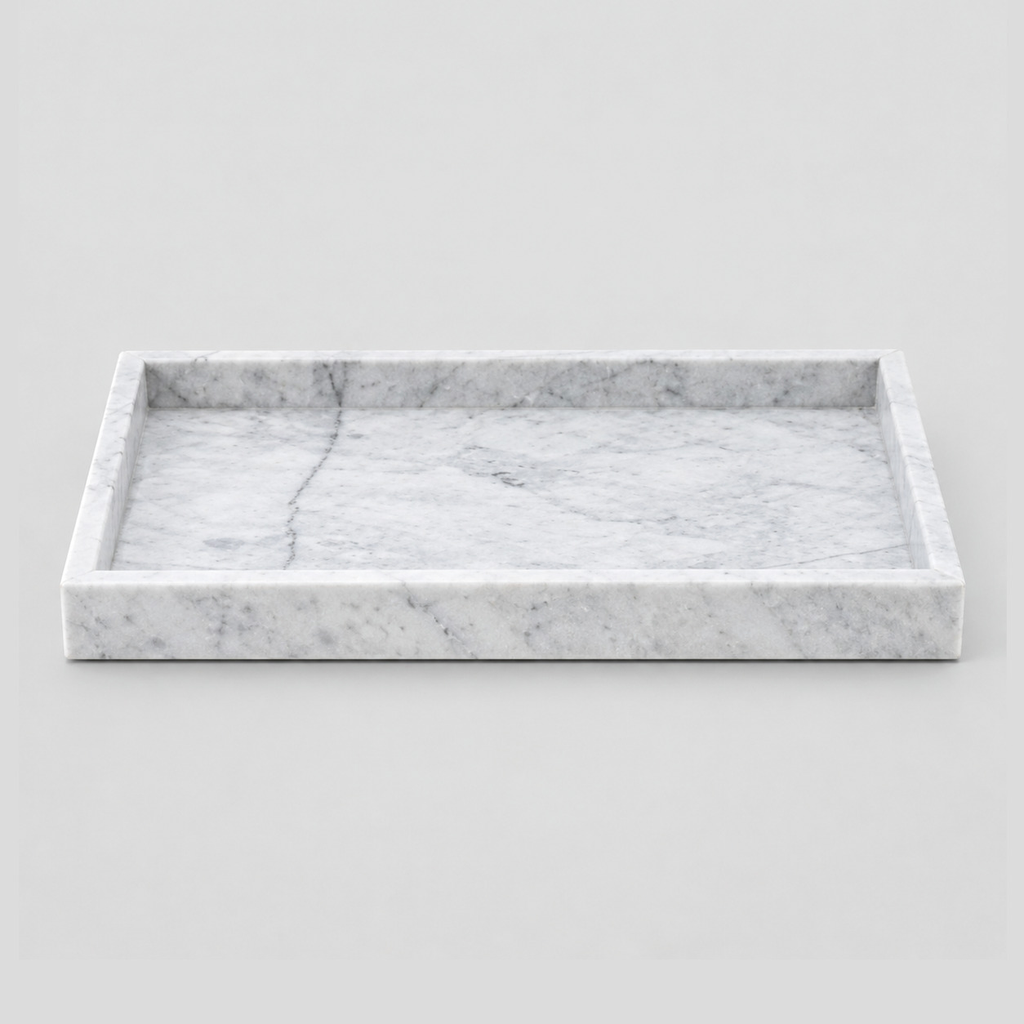 Cloud White rectangular marble vanity tray on a light gray studio background.