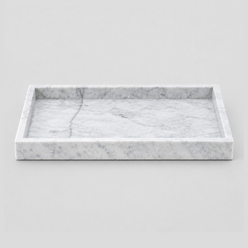 Cloud White rectangular marble vanity tray on a light gray studio background.