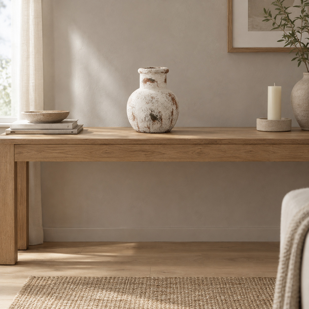 Rustic wabi-sabi ceramic vase on a 120 cm wide oak console table in a calm room.