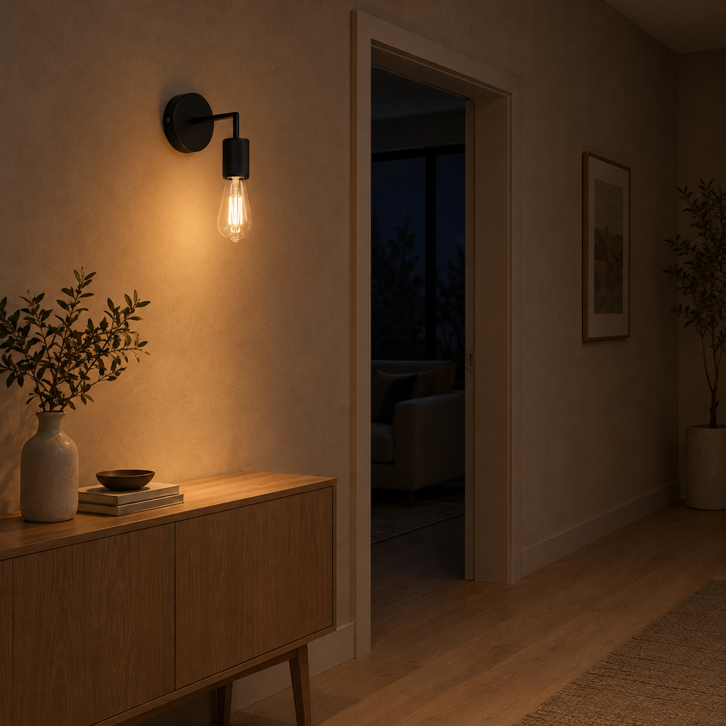 Matte Black knurled socket wall sconce lit in the evening on the plaster wall of a hallway beside an 80 cm wide doorway, the only light in the room