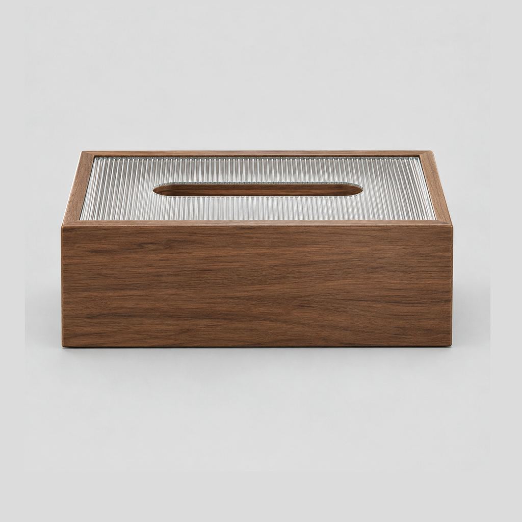 Rectangular wooden tissue box cover in Fluted Clear on a light gray studio background.