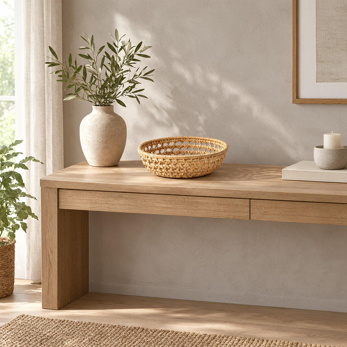 Woven rattan round basket tray in Natural Rattan on an oak console table in a calm room