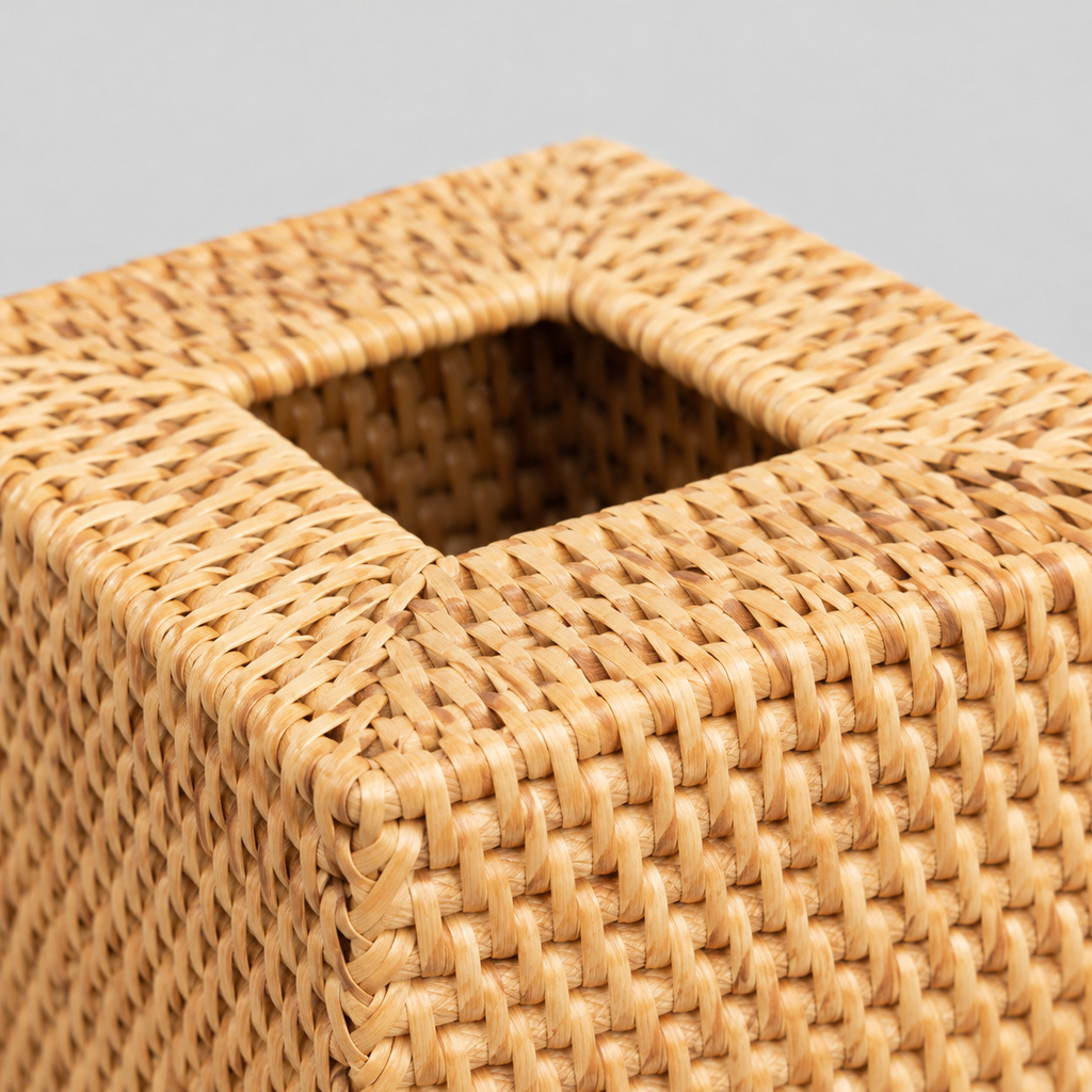 Close up of the braided rim around the top opening of the natural woven tissue box cover