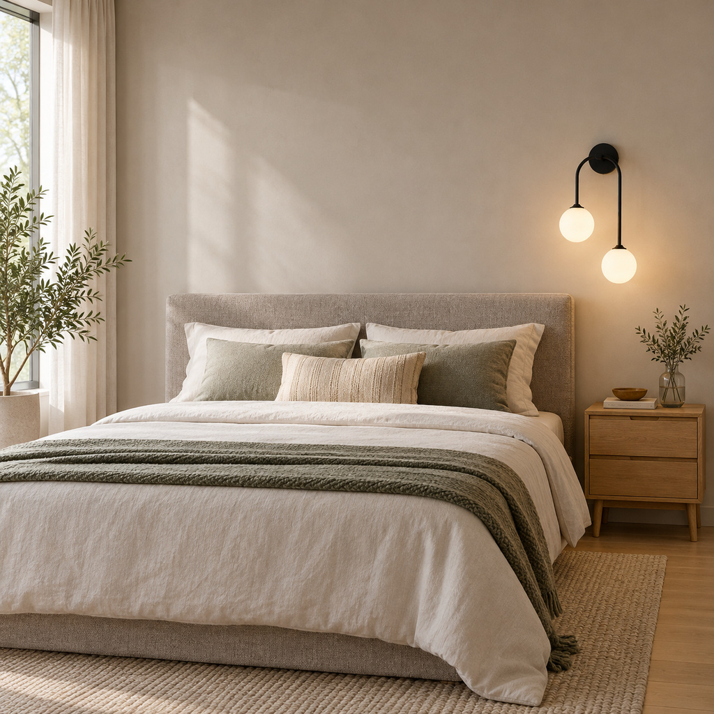 Matte Black asymmetric double-globe arch wall sconce lit beside a 150 cm wide double bed against a plaster wall.