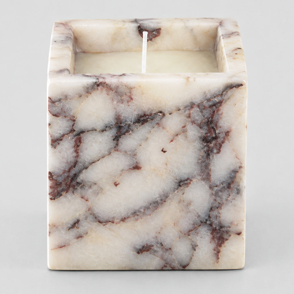 Calacatta Viola square marble candle holder on a light gray studio background.