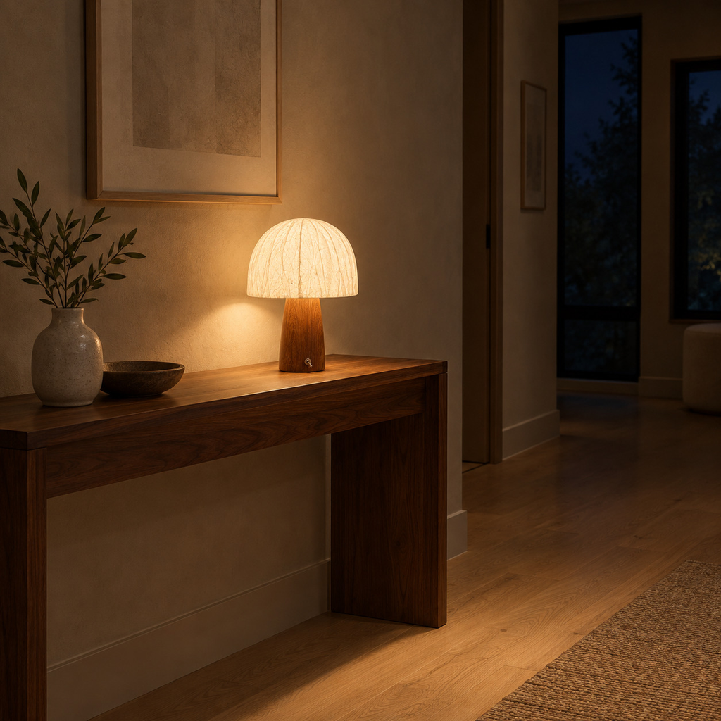 Walnut mushroom table lamp lit in the evening on a walnut console table in a hallway, the only light in the room