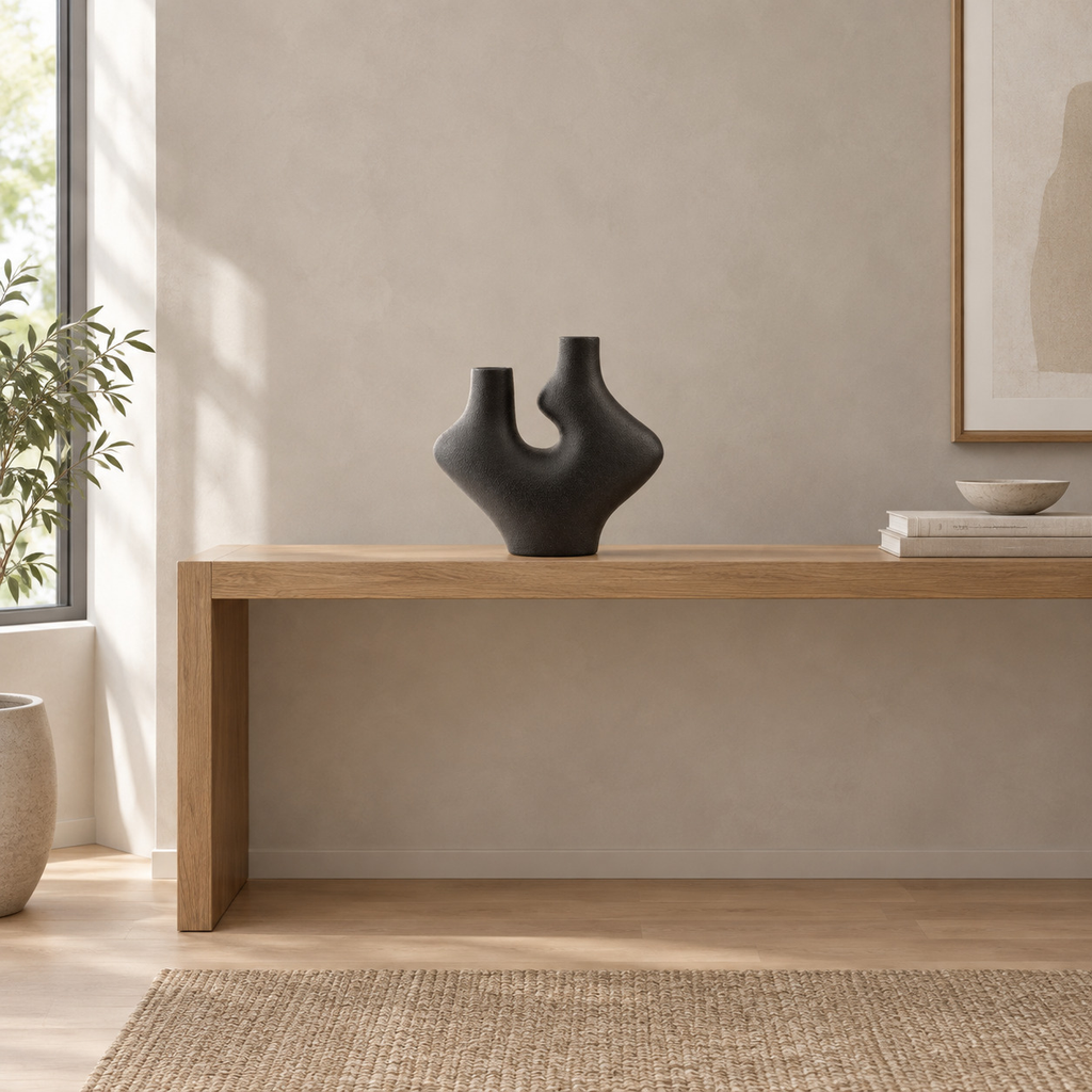 Dual-neck abstract ceramic vase on an oak console table in a calm room