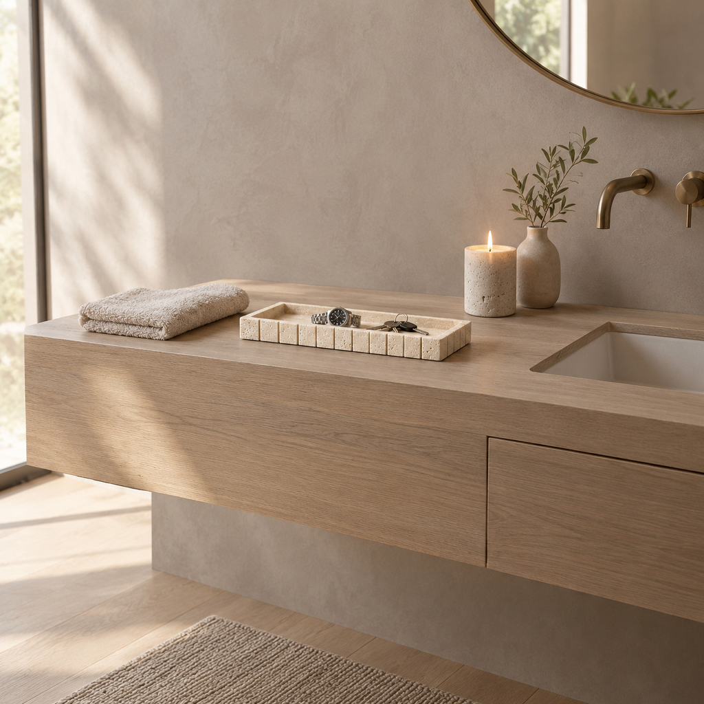 Beige rectangular fluted travertine vanity tray on a bathroom vanity styled with a watch and keys.