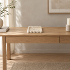 Scalloped square stone tray in Yellow Travertine on a 120 cm wide oak console table in a calm room.