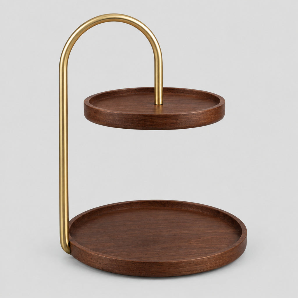 Two-tier round wooden serving tray in Ebony on a light gray studio background.