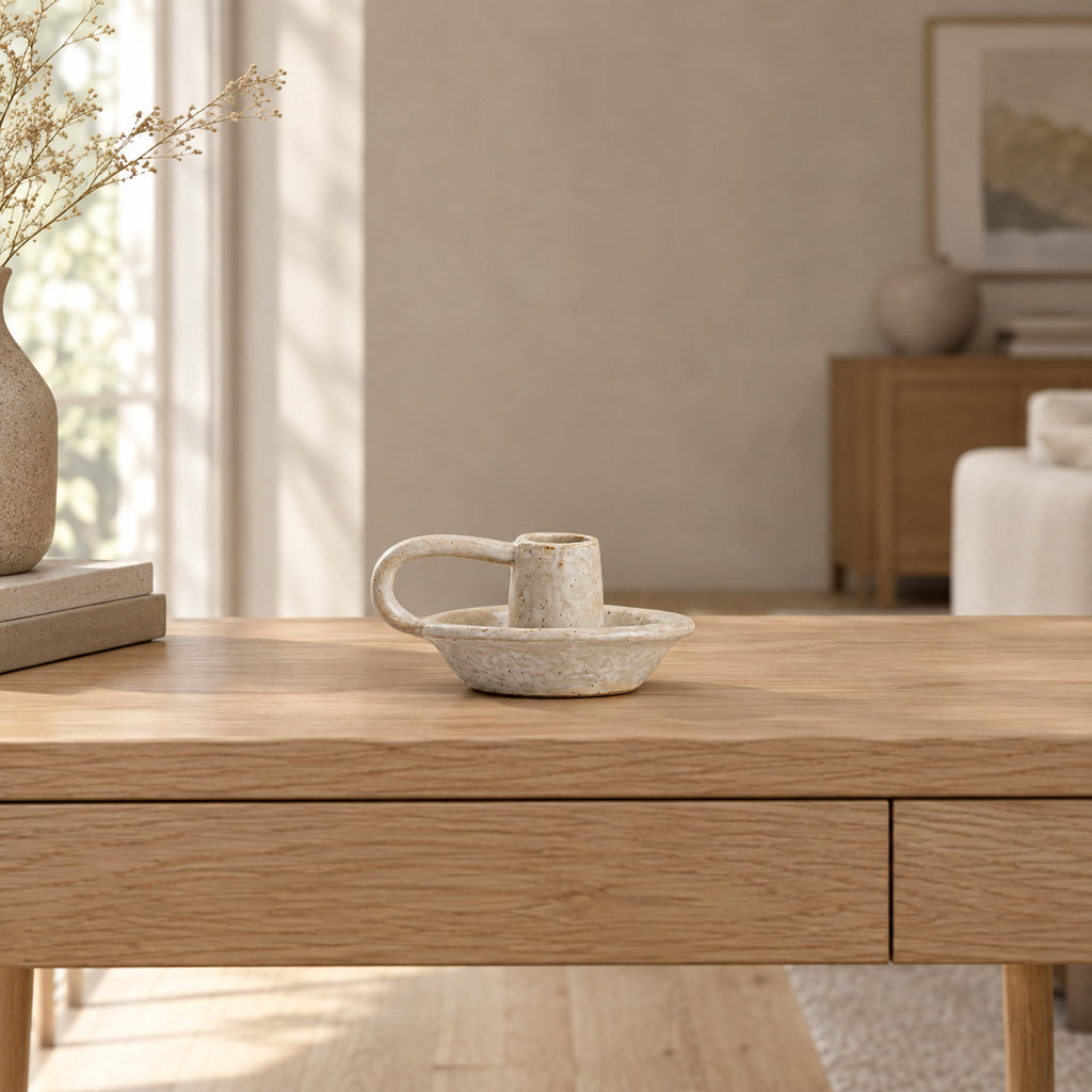 Speckled Off-White ceramic taper candle holder on a 120 cm wide oak console table in a calm room