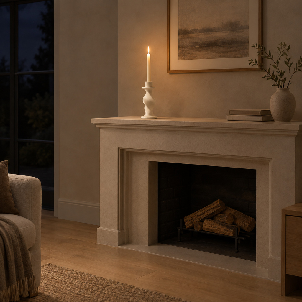 Beige twisted ceramic taper candle holder on a 140 cm wide mantelpiece above a fireplace with one lit taper candle in the holder.