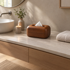 Rounded wooden tissue box cover in Walnut on a bathroom vanity with a white tissue dispensing from the top slot