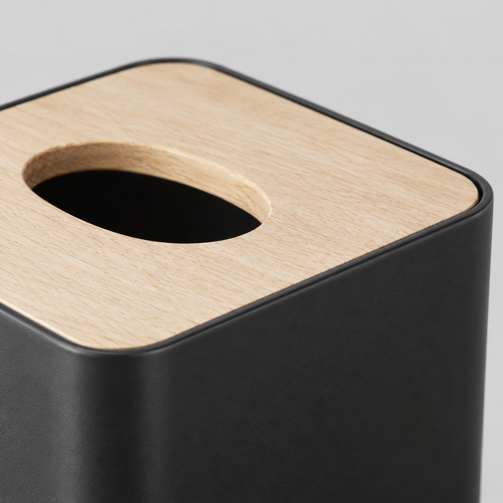 Close up of the natural wood grain surface texture of the lid on the square tissue box cover in Matte Black.