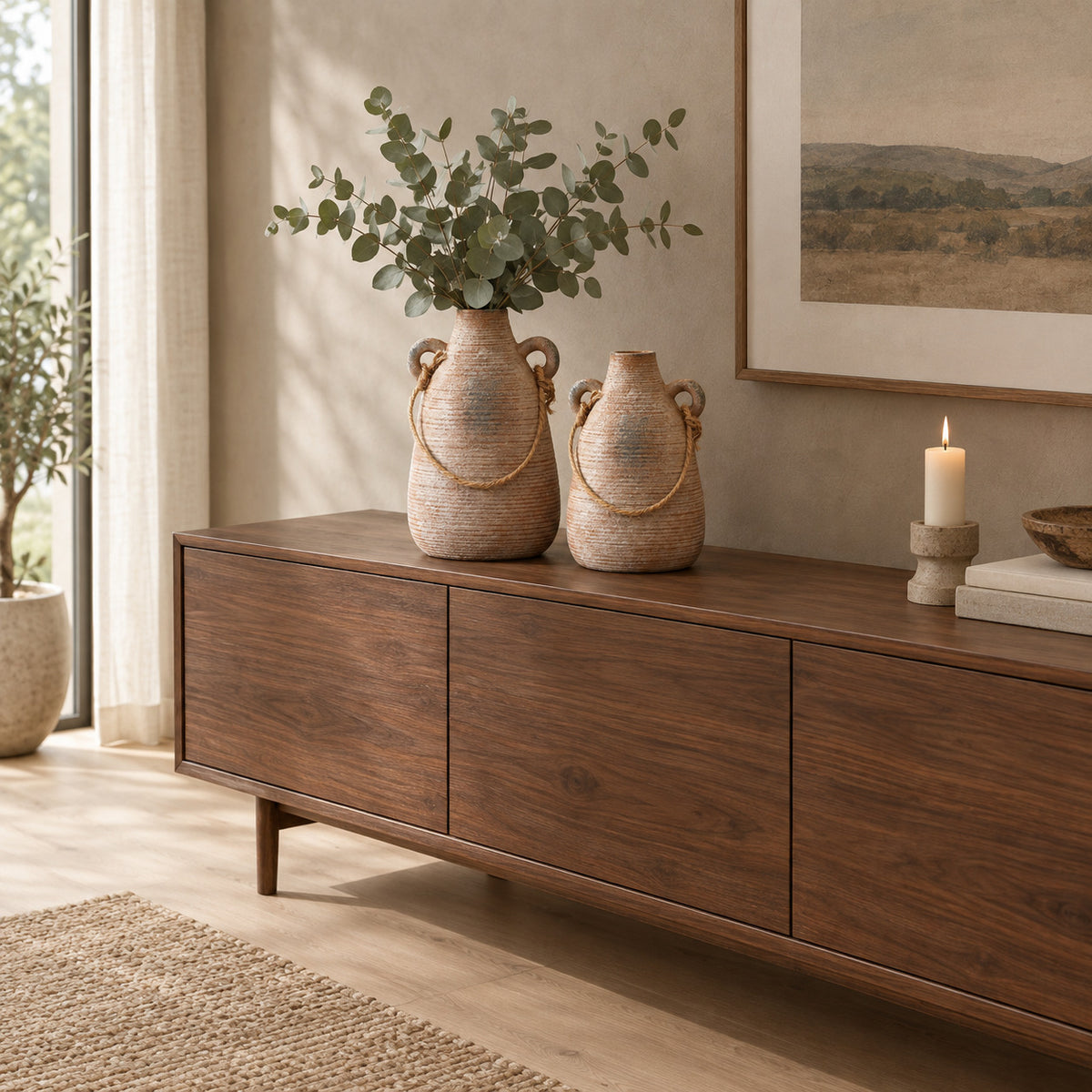 Ribbed ceramic vase with loop handles in Rust on a 160 cm wide walnut sideboard beneath a framed print with a bunch of eucalyptus in the vase.