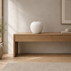 Textured ceramic vase in Matte White on a 120 cm wide oak console table in a calm room.