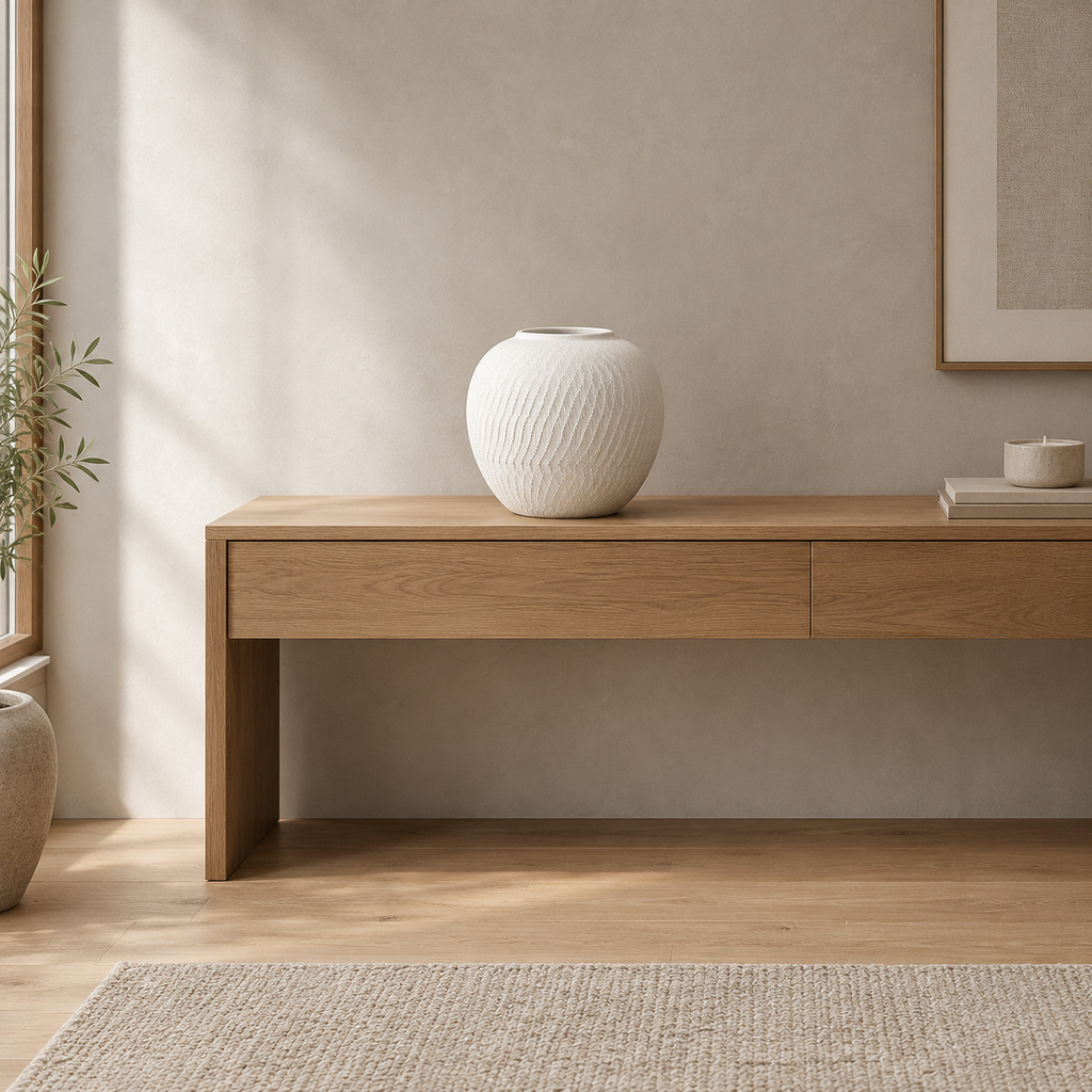 Textured ceramic vase in Matte White on a 120 cm wide oak console table in a calm room.