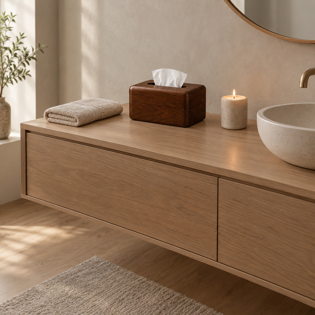 Walnut wooden tissue box cover on a 90 cm wide bathroom vanity beside a folded towel with a white tissue pulled through the slot
