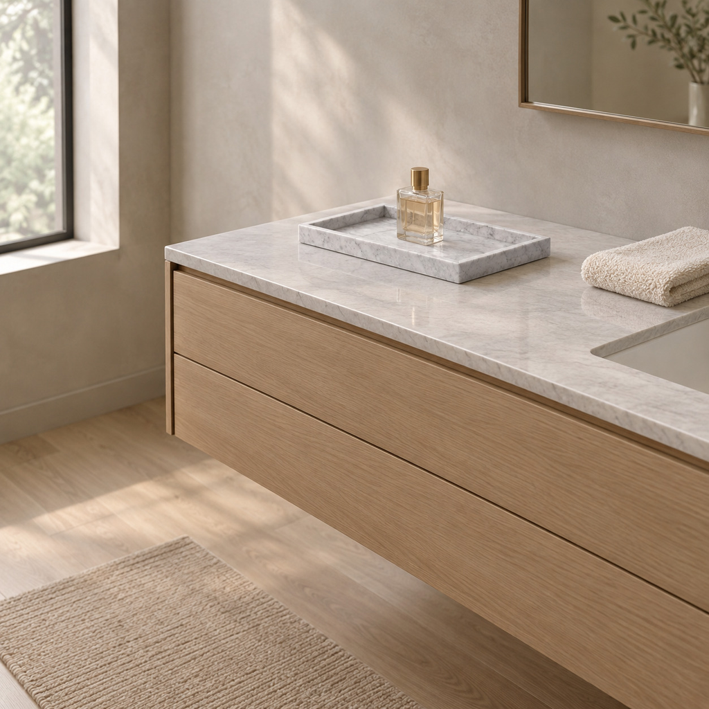 Cloud White rectangular marble vanity tray on a bathroom vanity with a glass perfume bottle on the tray.