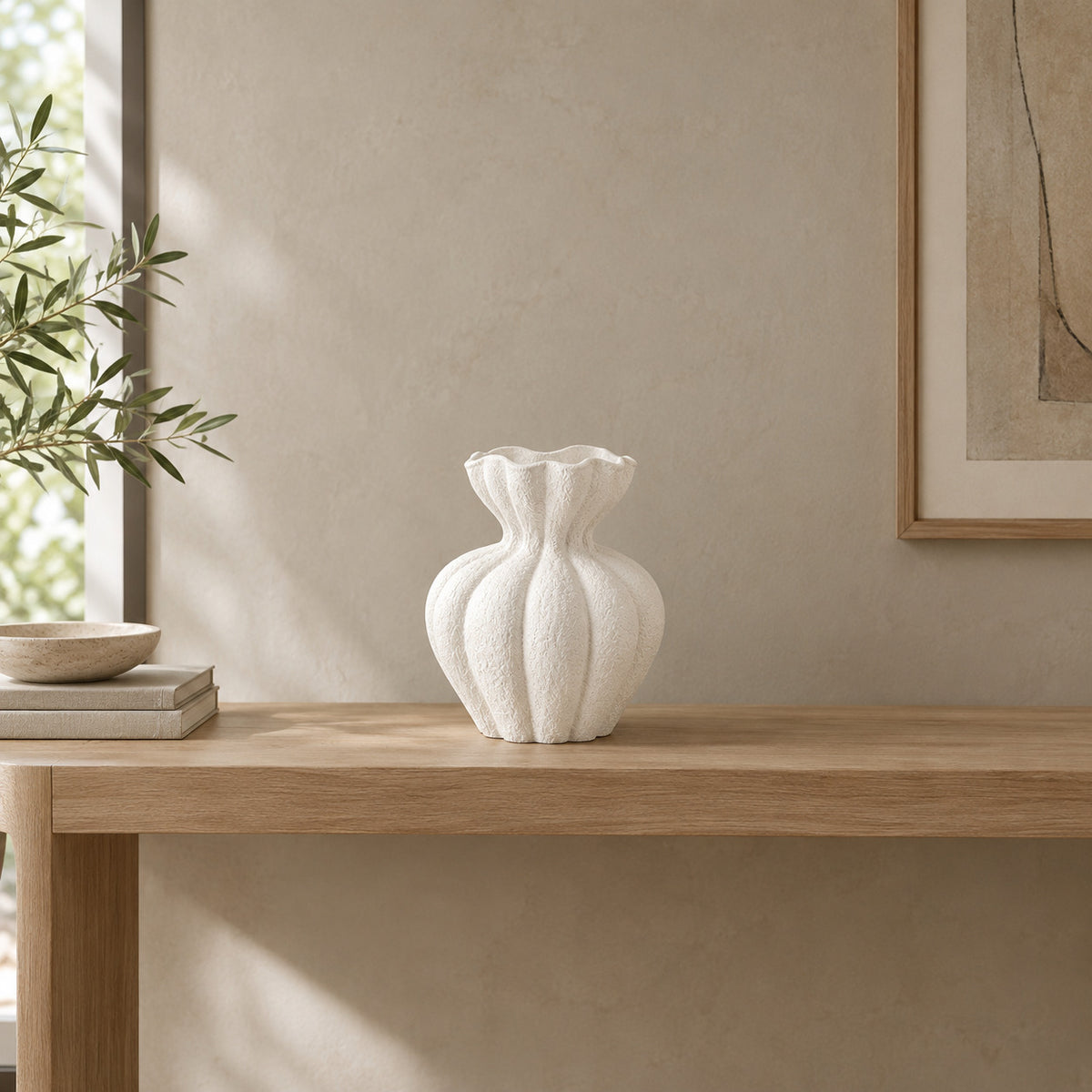 Textured matte white ceramic vase in Matte White on a 120 cm wide oak console table in a calm room.